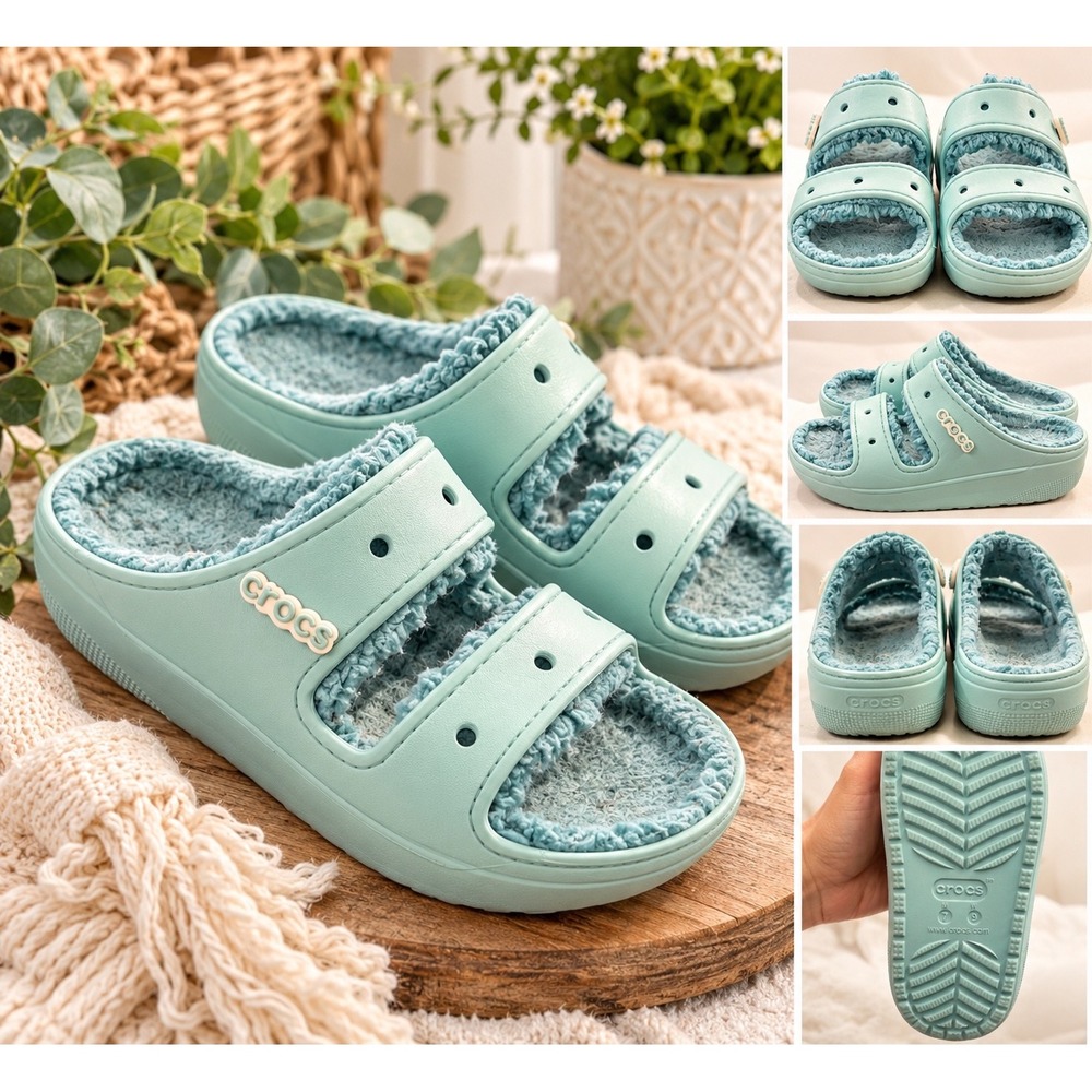 Crocs Classic Cozy Sandal Light Blue Fuzzy Lined Platform Slide Womens Size 9